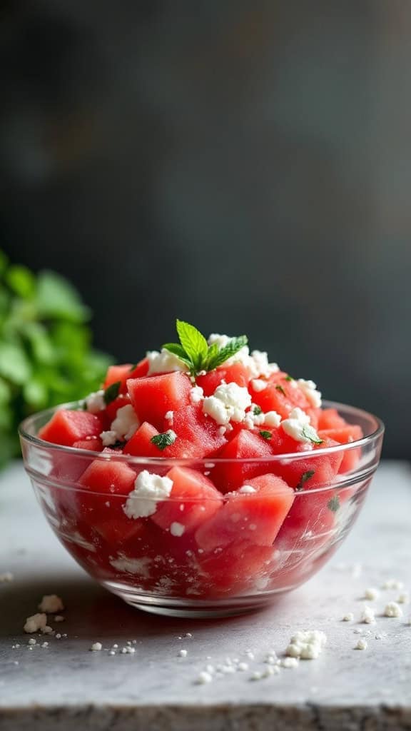 A bowl of watermelon feta salad with mint leaves.