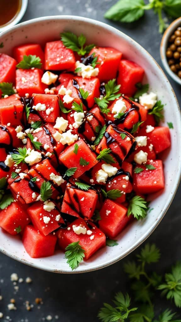A bowl of watermelon feta salad with pieces of watermelon, feta cheese, and fresh herbs.
