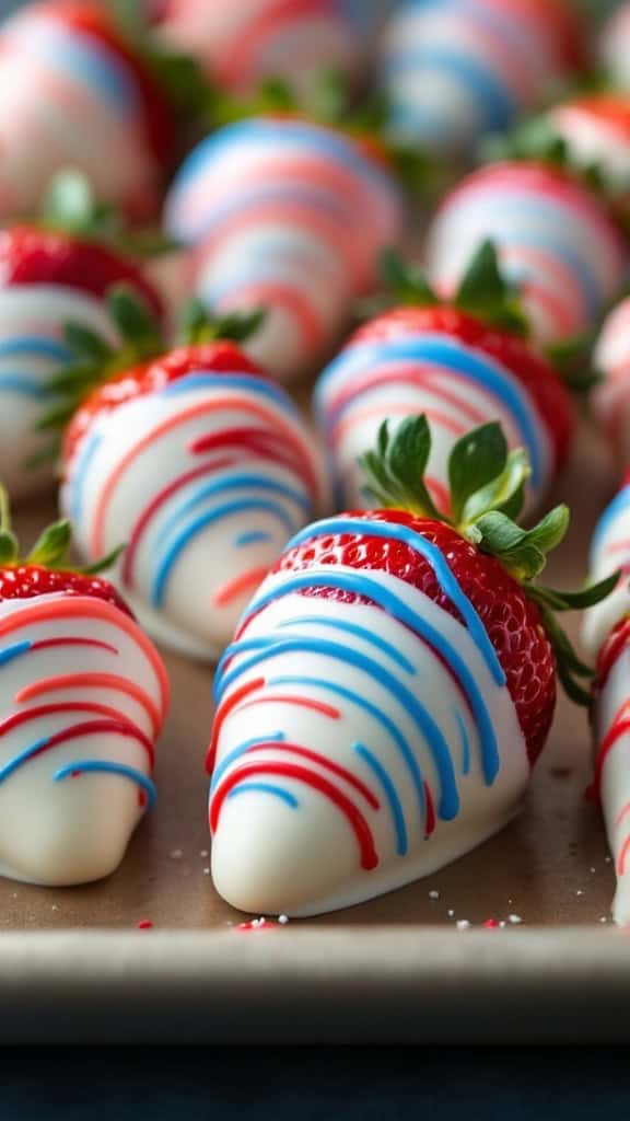 White chocolate dipped strawberries with red and blue drizzle on a platter