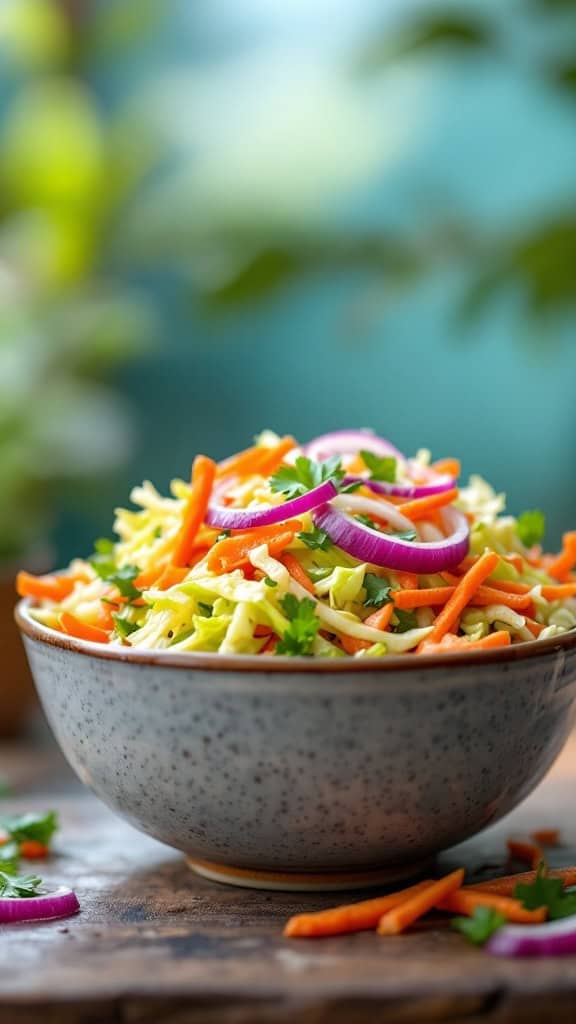 A bowl of zesty coleslaw with shredded cabbage, carrots, and red onion, garnished with parsley.