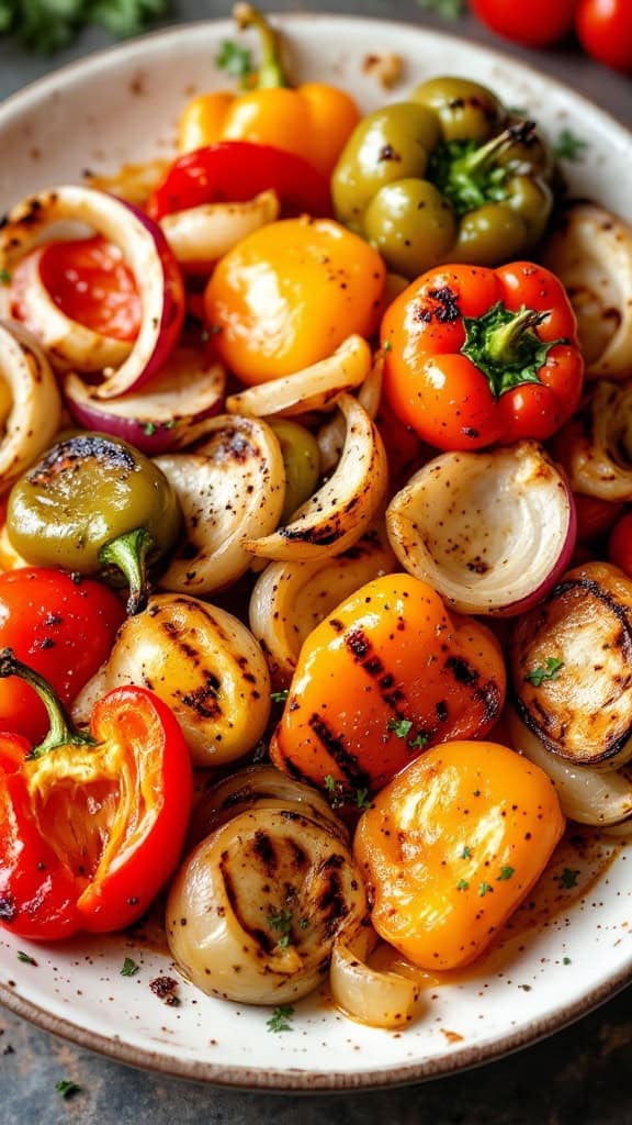 A plate of grilled colorful peppers and onions