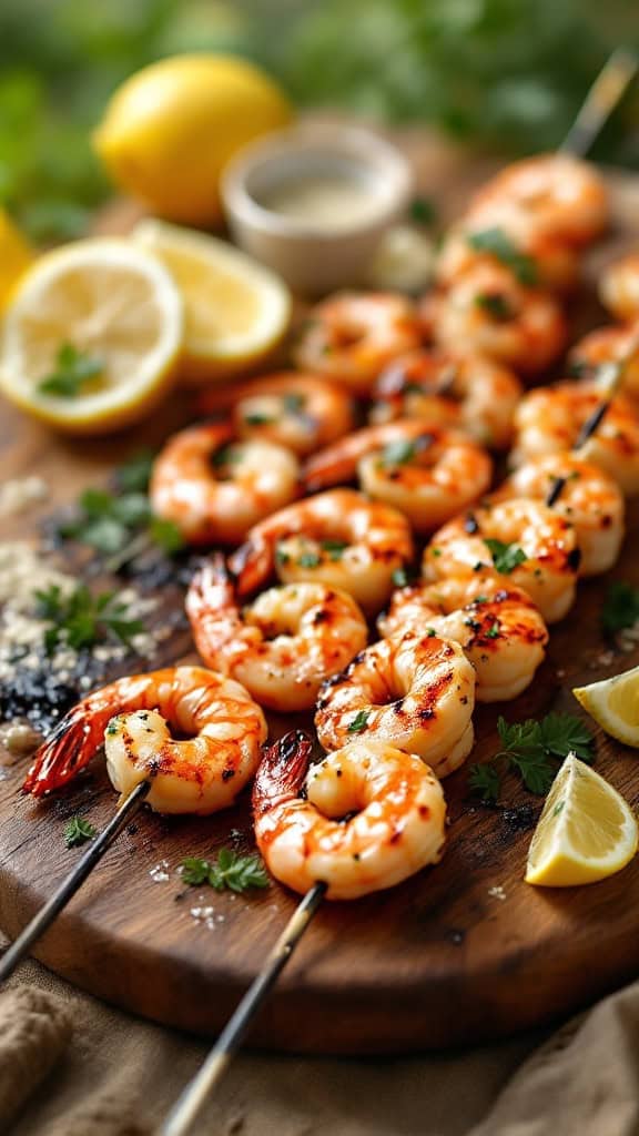 Lemon garlic shrimp skewers on a wooden board with lemon slices