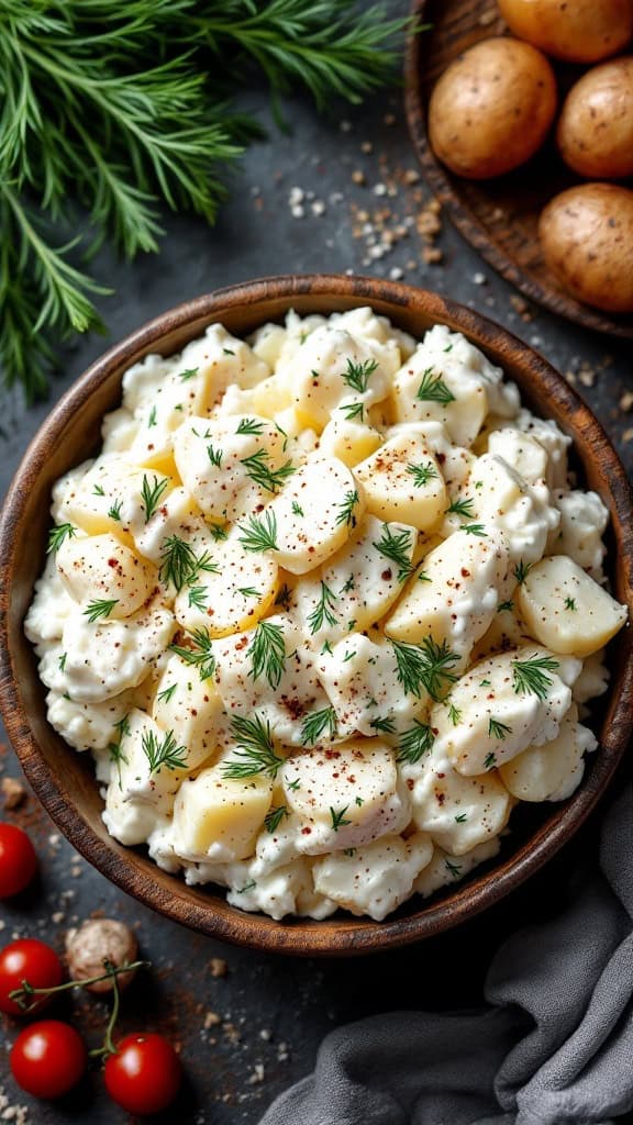 A bowl of zesty potato salad with dill, featuring diced potatoes, creamy dressing, and fresh herbs.
