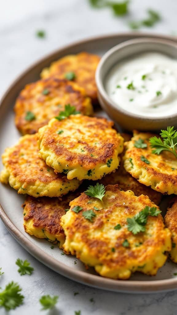 Plate of zucchini fritters with yogurt dip and garnished with parsley.