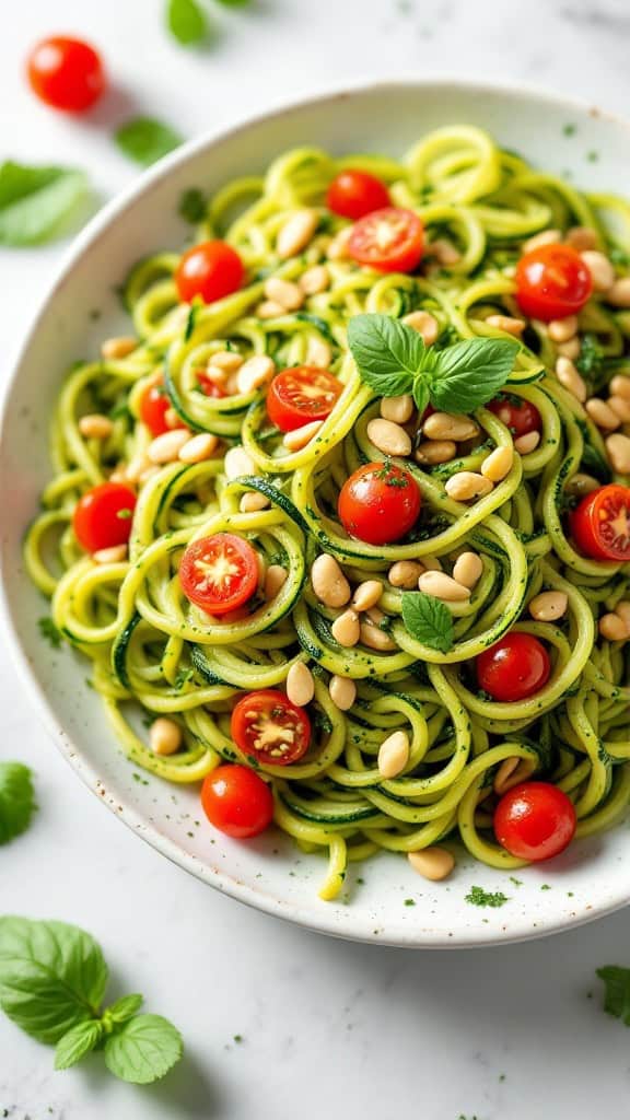 A bowl of zucchini noodles topped with pesto, cherry tomatoes, and pine nuts.
