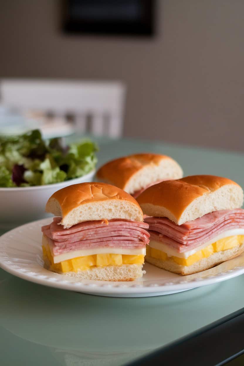 A delicious-looking plate of Hawaiian Ham & Pineapple Sliders. Layers of deli ham, cheese, and pineapple inside soft rolls. Next to the plate of sliders is a simple green salad. The plate and bowl is on a table in a family dining room, the background is blurred out.