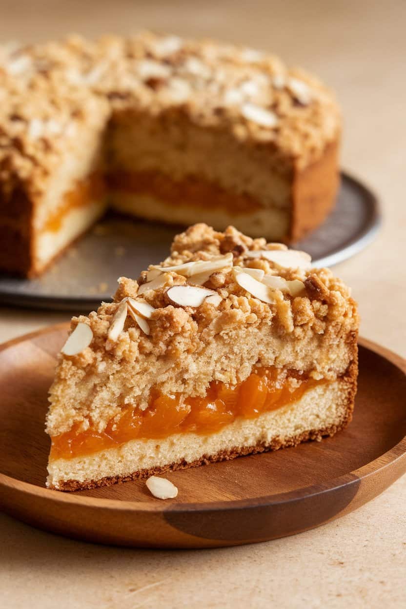  A crumb-topped slice of almond-apricot coffee cake on a wooden indoor plate, slivered almonds visible. No logos or text. Photo only.