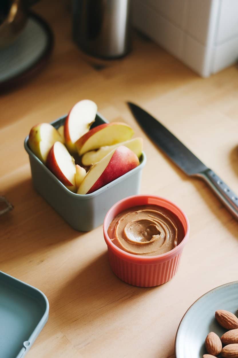 Indoor kitchen counter, a small reusable container of crisp apple wedges beside a silicone cup of creamy almond butter, shot from a slight overhead angle. Warm, natural light; no text or logos visible