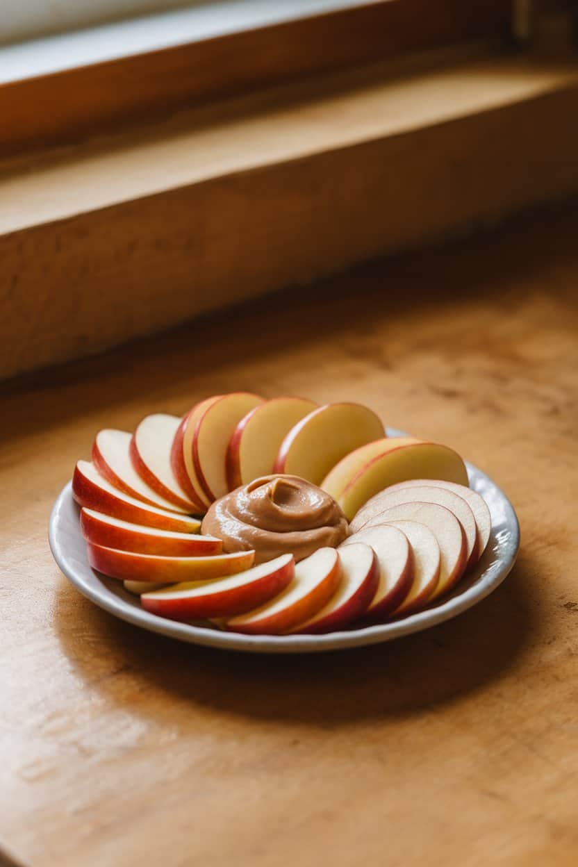 An indoor kitchen table with a small white plate holding neatly fanned apple slices and a dollop of creamy almond butter in the center, soft window light highlighting the fruit’s shine—no text or logos visible