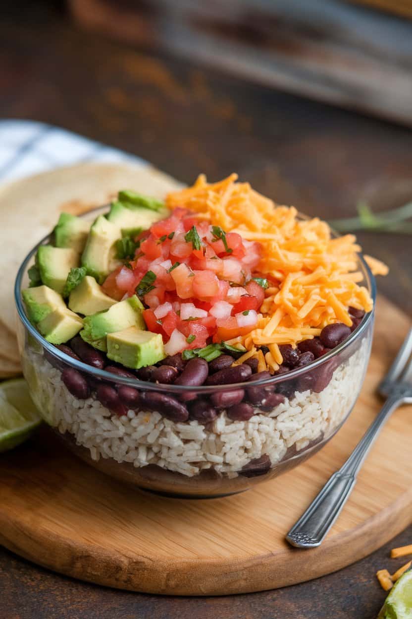 An indoor bowl with layers of rice, black beans, diced avocado, pico de gallo, and shredded cheese. No text or logos.
