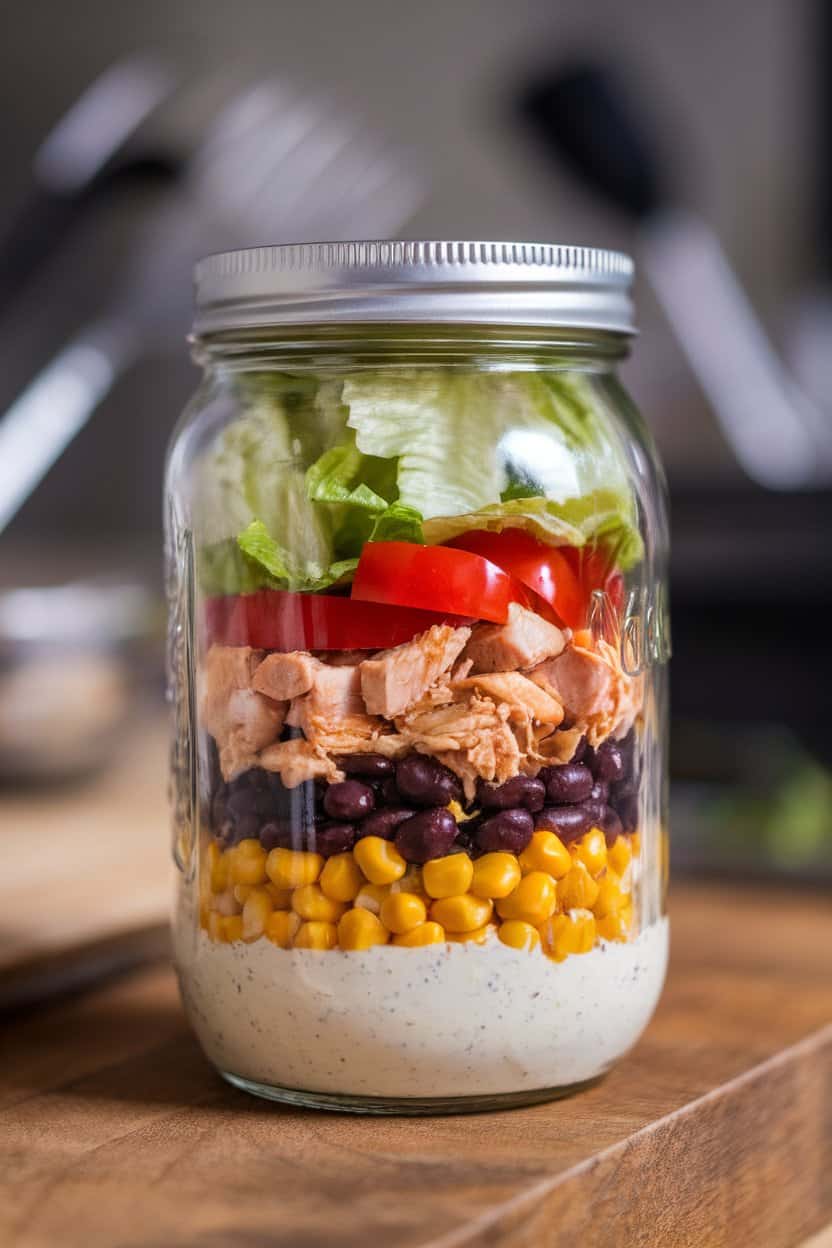 A mason jar indoors layered bottom-to-top with ranch dressing, corn, black beans, BBQ chicken chunks, tomatoes, and romaine. No text or logos