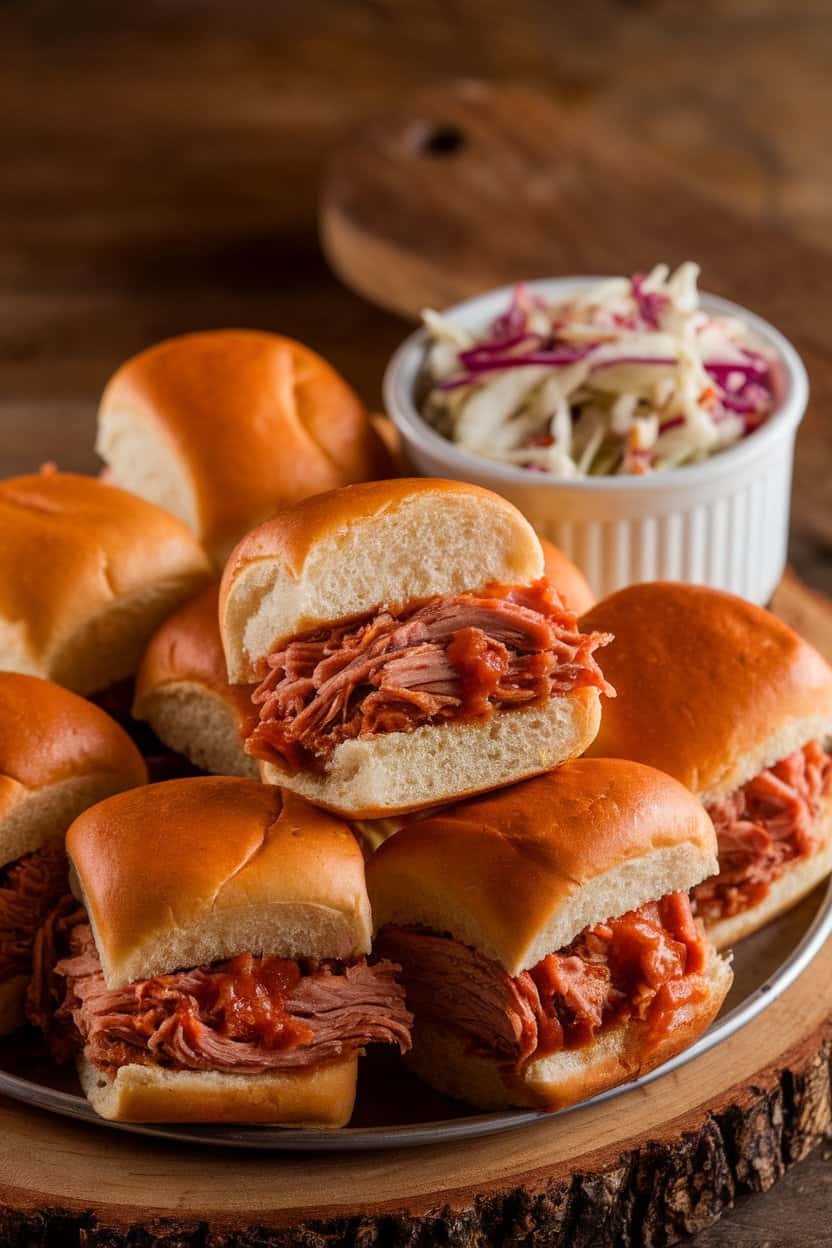 An indoor platter of small brioche slider buns filled with saucy pulled pork, a ramekin of coleslaw off to the side. No text or logos.