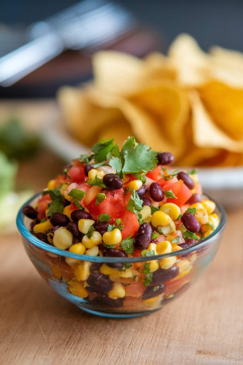 A small indoor bowl of colorful salsa made from black beans, corn, tomatoes, and cilantro, with tortilla chips in the background. No text or logos.
