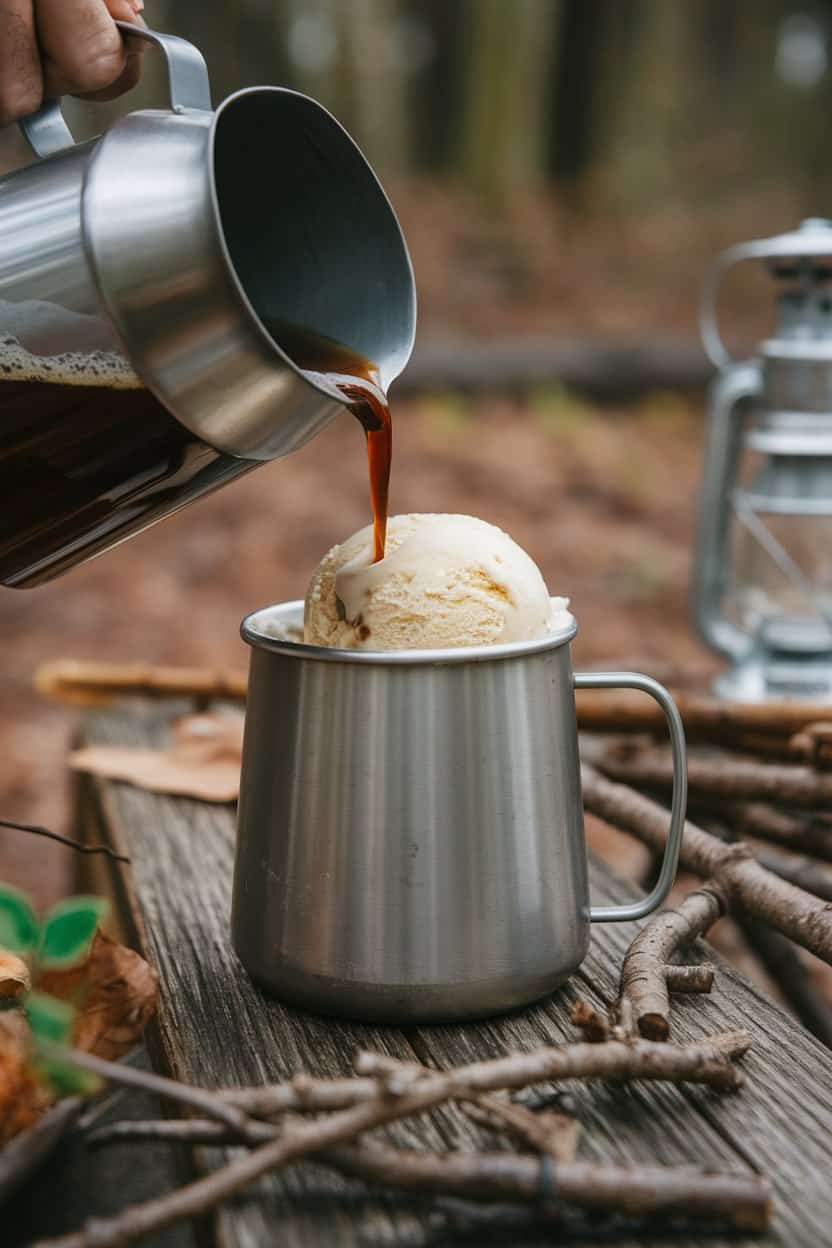 An indoor camp table showing a metal mug of freshly brewed coffee being poured over a scoop of shelf-stable vanilla ice cream. No text or logos.