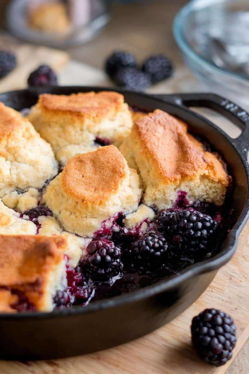 An indoor table featuring a cast-iron skillet brimming with blackberry cobbler cake, biscuit-like topping browned and berries bubbling beneath. No text or logos. Photo, not illustration.