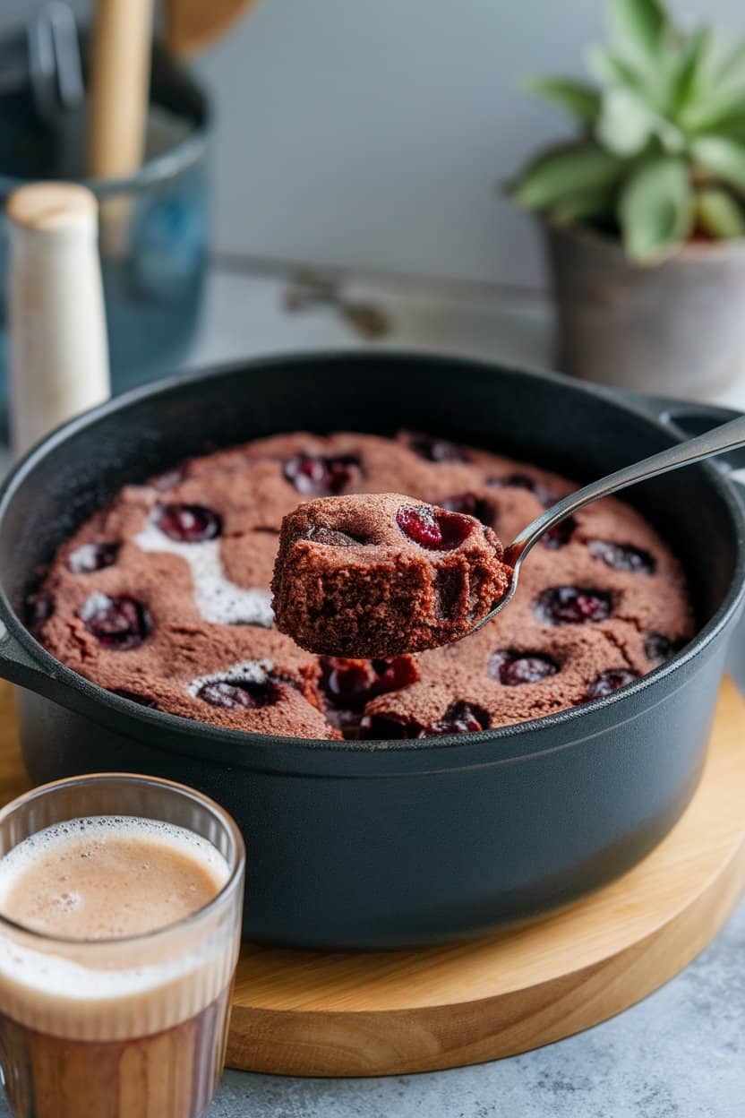 A spoonful of chocolate-cherry cake with bubbly edges in a Dutch oven set on an indoor tabletop, hinting at cola foam. No logos or text. Photo, not illustration.
