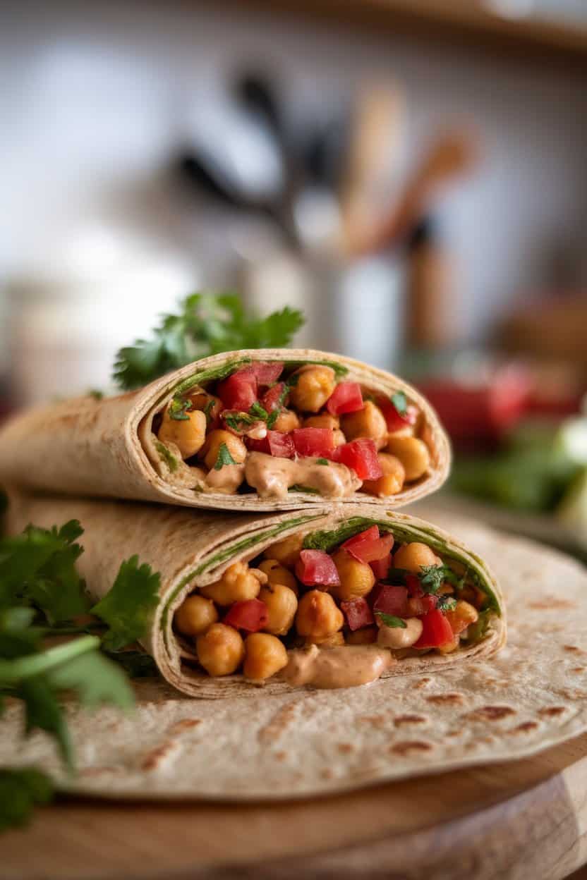 A sliced wrap indoors revealing spiced chickpeas, diced tomatoes, and tahini sauce inside a wheat tortilla. No text or logos