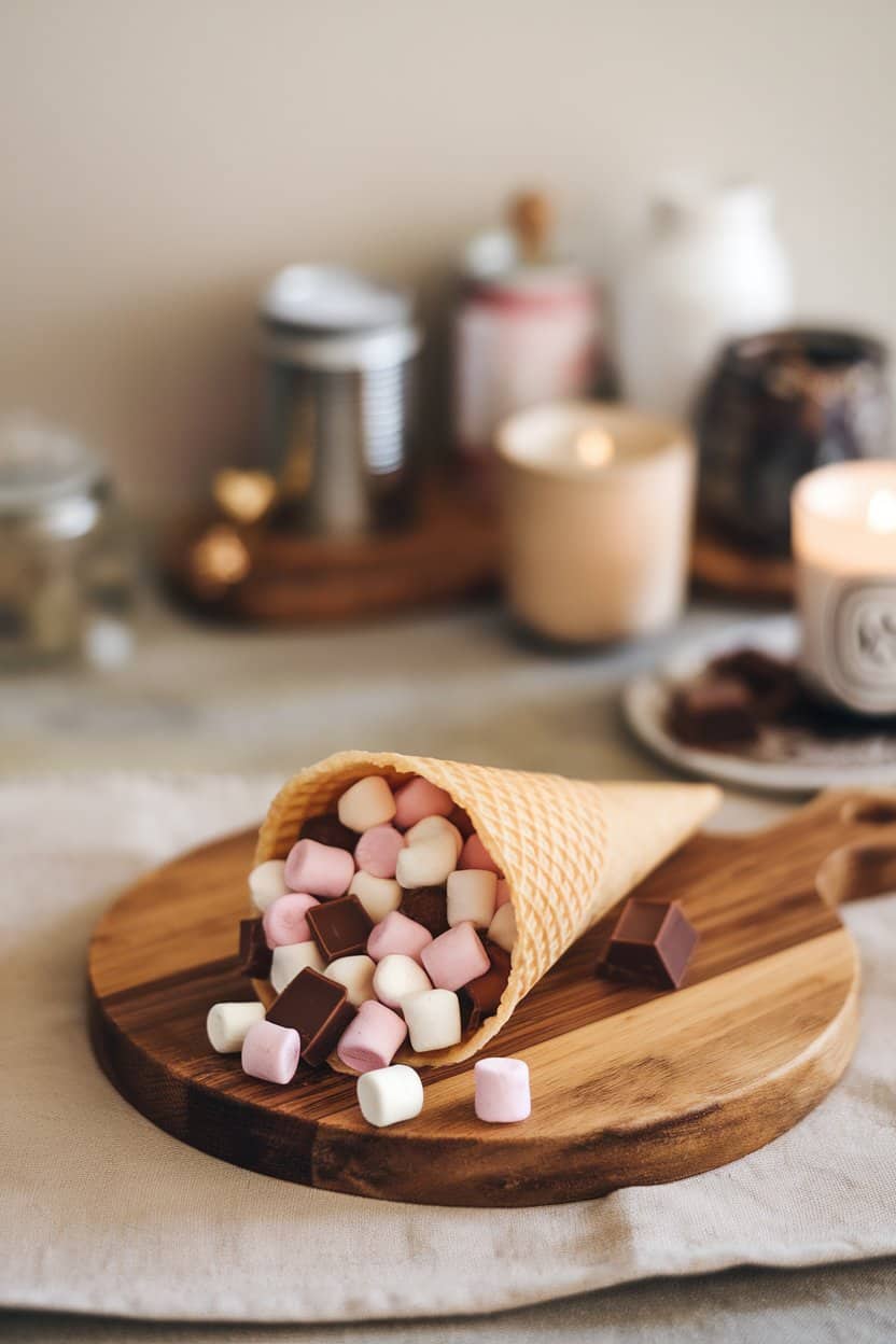 A softly lit indoor scene featuring a waffle cone filled with mini marshmallows and chocolate squares, the tip wrapped in foil. No logos visible
