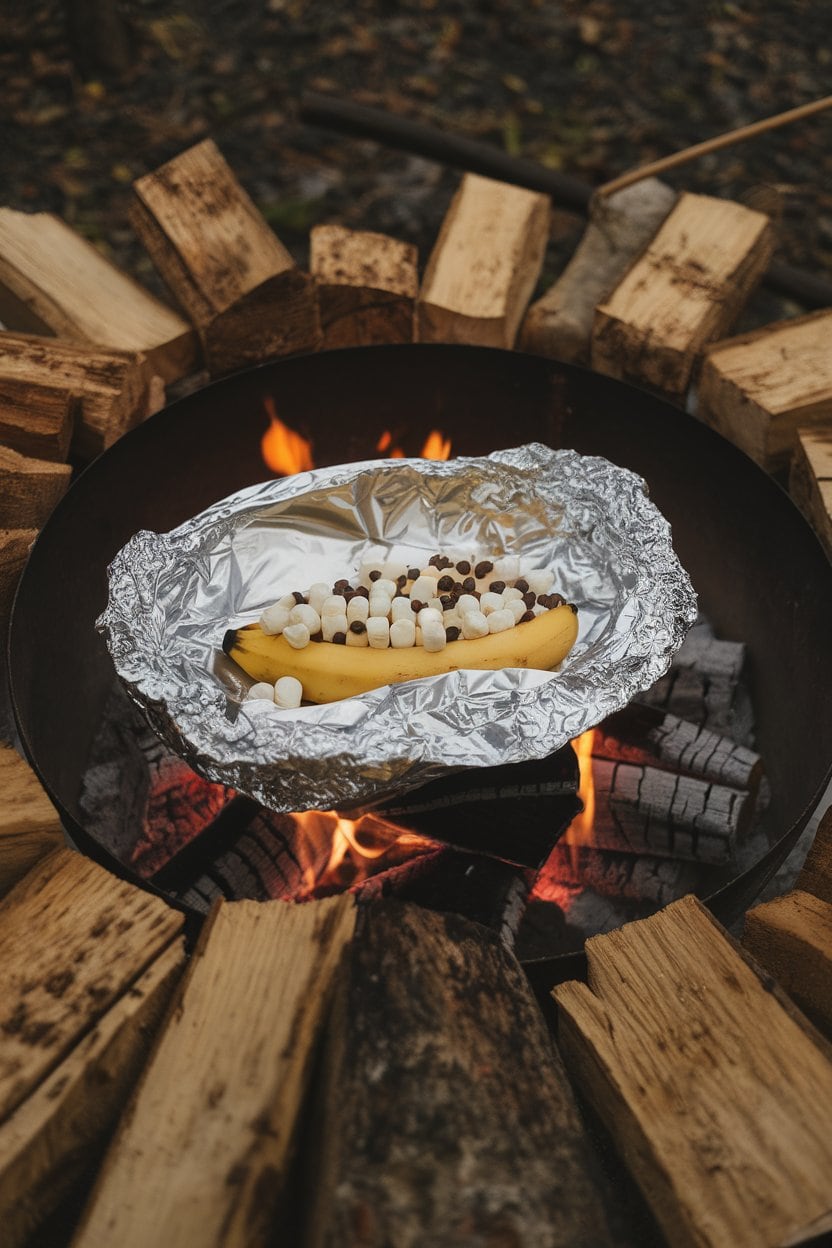 A photo of a outdoor fire pit with a foil wrapped banana. The foil is open to reveal a banana split and stuffed with mini marshmallows and chocolate chips. The fire pit is surrounded by wooden logs and there's a stick nearby. The background is dark.