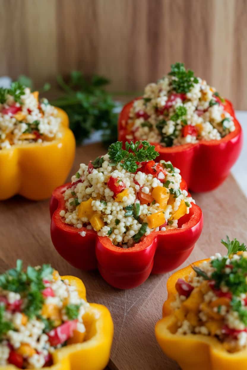 Halved bell peppers indoors filled with colorful couscous salad, garnished with parsley. No text or logos