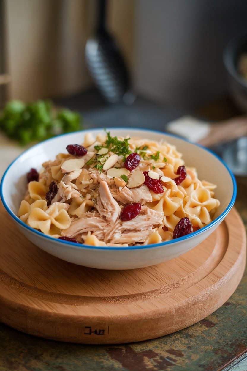  A bowl indoors of short pasta tossed with shredded chicken, dried cranberries, and sliced almonds in a light dressing. No text or logos.
