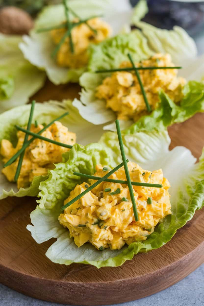 Butter-lettuce leaves indoors filled with yellow-tinted curried egg salad, garnished with chives. No text or logos.