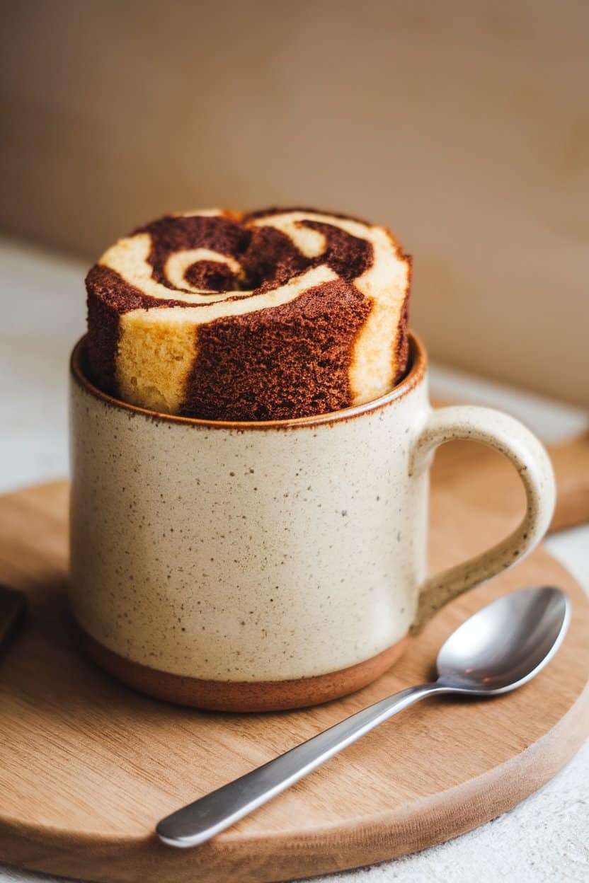  An indoor ceramic mug showing swirls of chocolate and vanilla cake on top, with a spoon resting beside. No branding, no text. Photo only