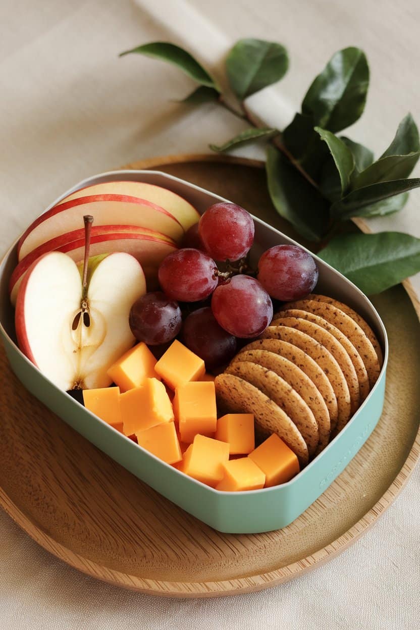  An indoor bento box containing sliced apples, seedless grapes, cheddar cubes, and whole-grain crackers. No text or logos