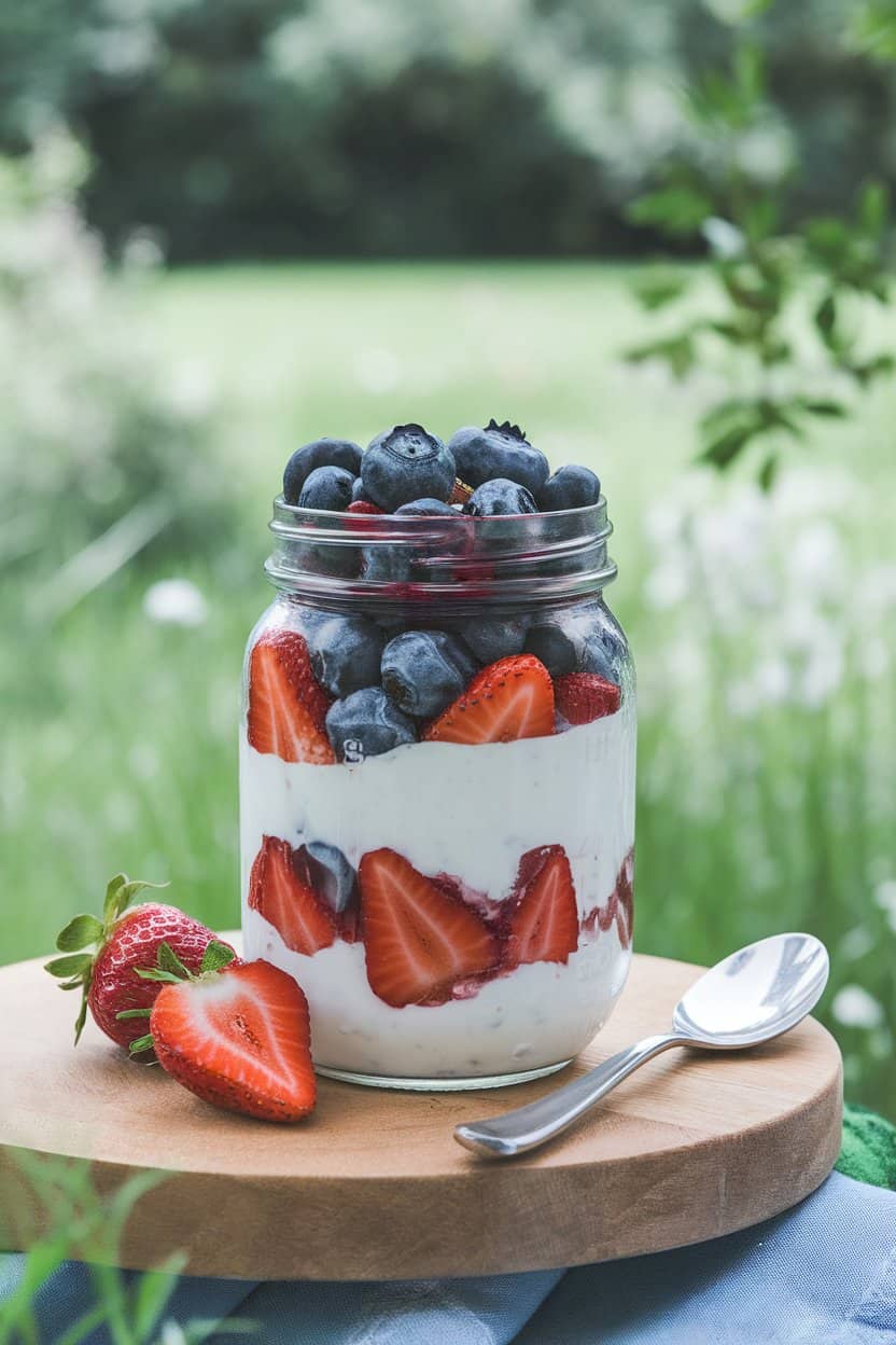 Indoors on a breakfast table, a small mason jar layered with thick Greek yogurt, fresh blueberries, and sliced strawberries, a spoon resting alongside. No text or logos in scene.