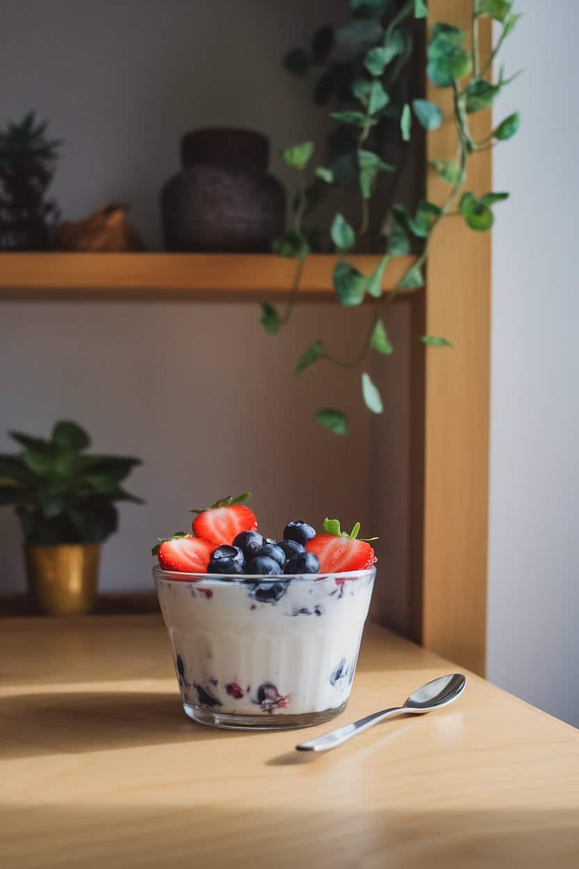 A gently lit indoor breakfast nook displaying a glass bowl of thick Greek yogurt topped with a scattering of blueberries and sliced strawberries, a small spoon resting nearby—no text or logos.