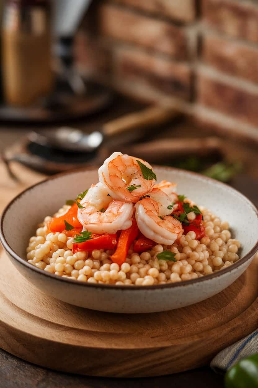An indoor bowl with pearl couscous topped with chilled, grilled shrimp, diced bell peppers, and a sprinkle of parsley. No text or logos.