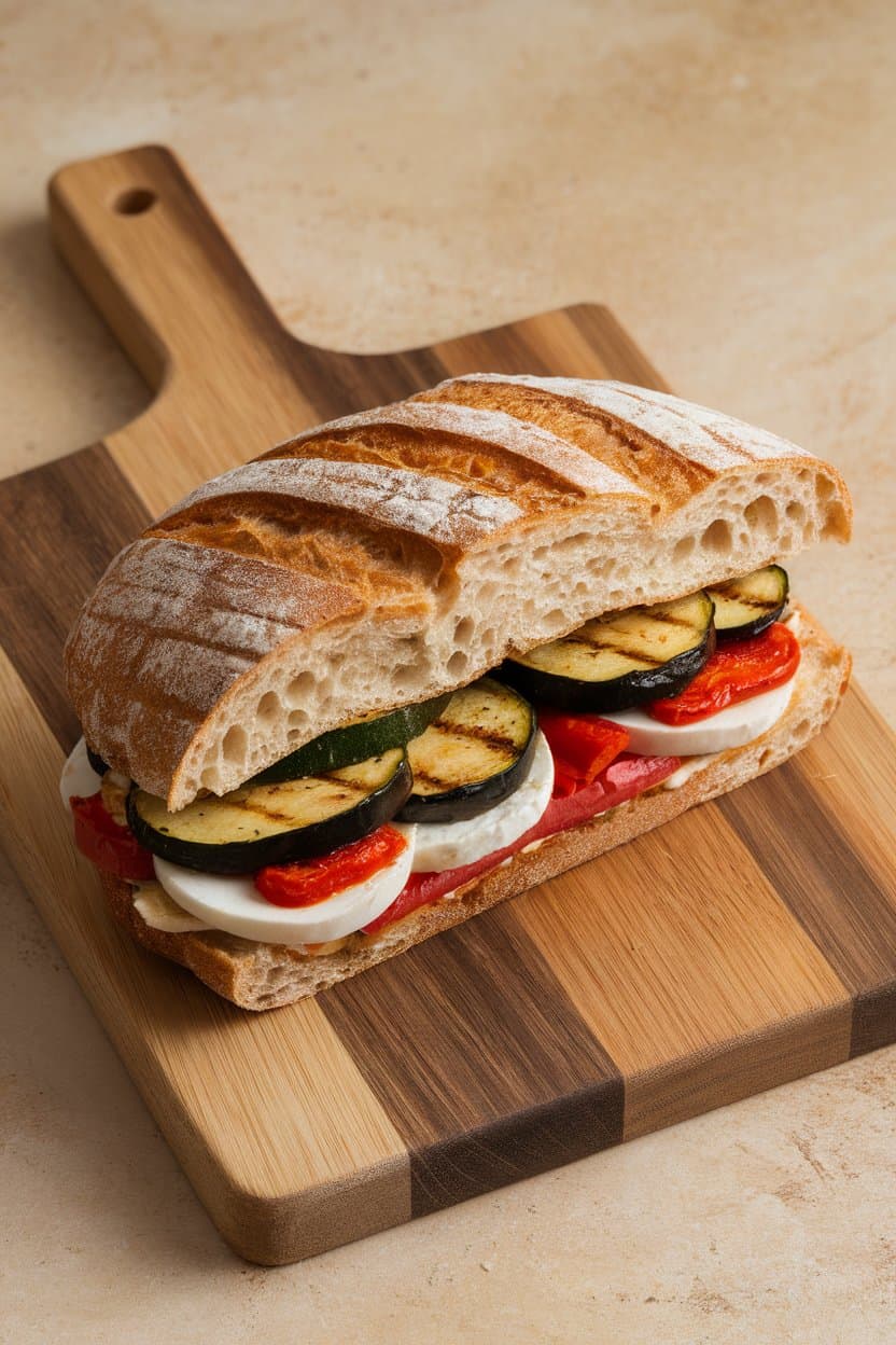 An indoor cutting board with a ciabatta sandwich stuffed with grilled zucchini, eggplant, roasted red peppers, and fresh mozzarella slices. No text or logos.