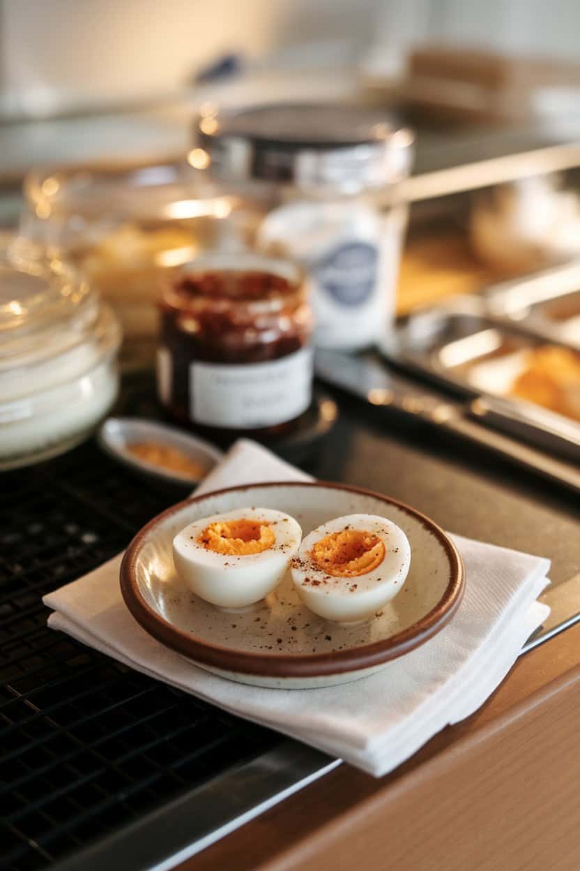  An indoor breakfast bar featuring a small ceramic plate with a halved hard-boiled egg sprinkled lightly with paprika and cracked pepper, warm diffused lighting—no text or logos.