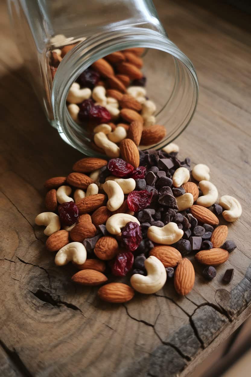  A glass jar tipped on its side indoors, spilling a mix of almonds, cashews, dried cranberries, and dark-chocolate nibs onto a wooden surface. Soft overhead lighting; no text or logos anywhere.