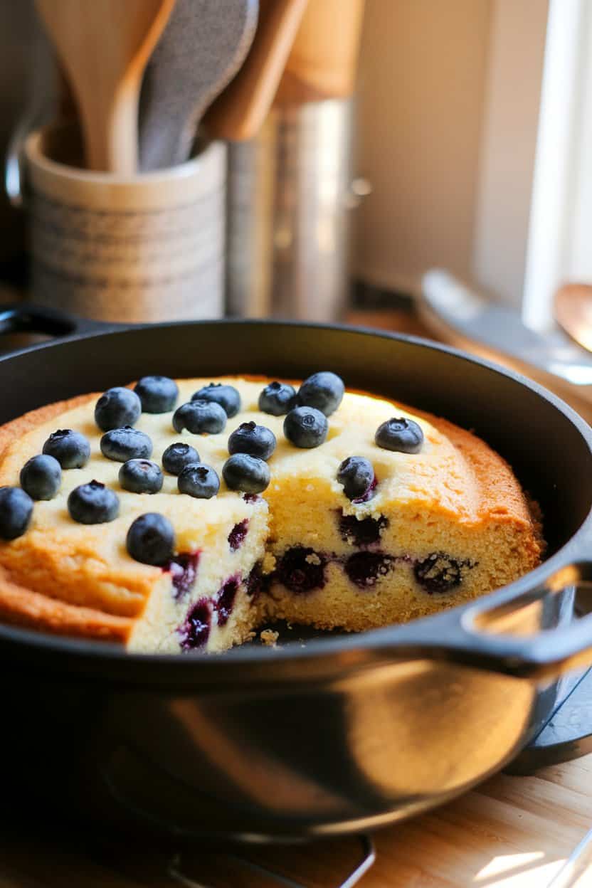 A warmly lit indoor countertop with a Dutch oven insert scooped to reveal lemony cake layered over juicy blueberries. No text or logos.