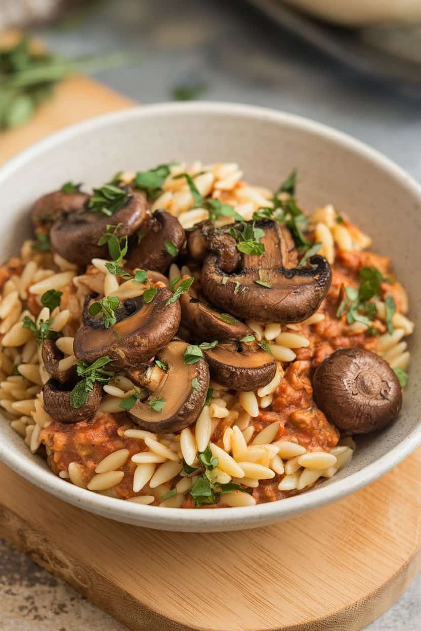 An indoor bowl of orzo pasta mixed with marinated roasted mushrooms and fresh herbs. No text or logos.