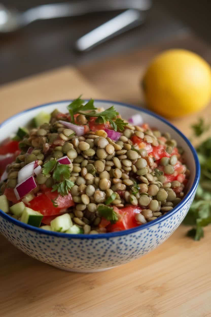 A bowl indoors of green lentils mixed with diced tomato, cucumber, red onion, and parsley, dressed lightly in olive oil and lemon. No text or logos.
