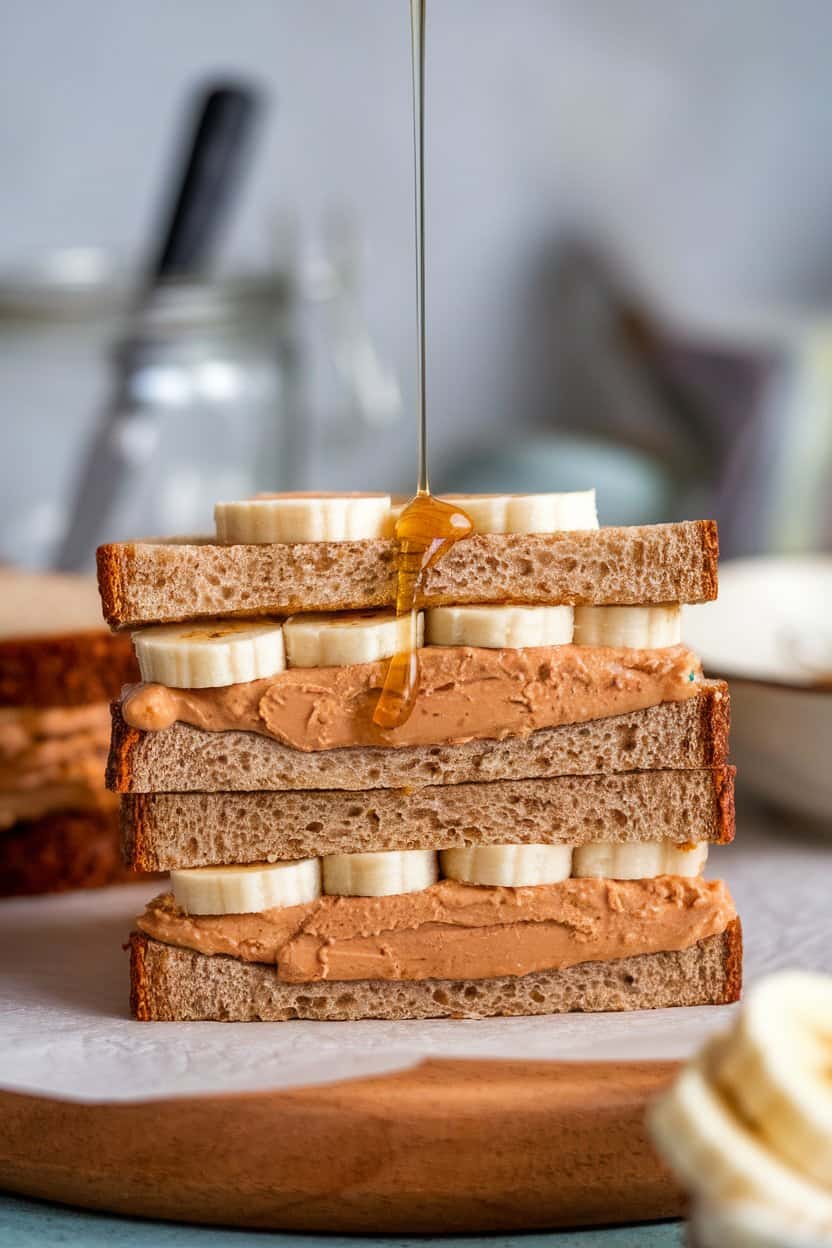 A sliced whole-grain sandwich indoors with visible layers of creamy peanut butter and banana rounds, honey drizzle glistening. No text or logos.