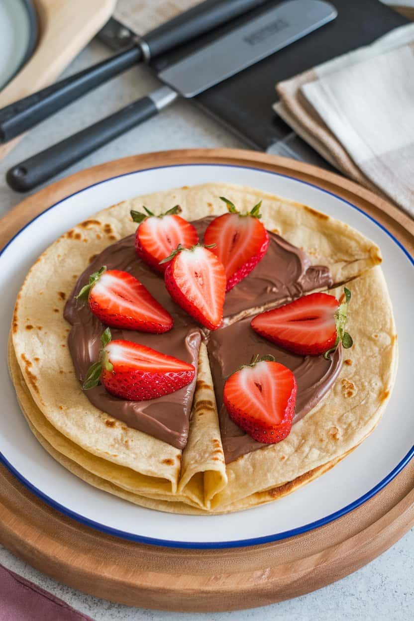 An indoor griddle scene with a golden tortilla folded and oozing Nutella and sliced strawberries, cut into wedges for serving. No branding in sight.