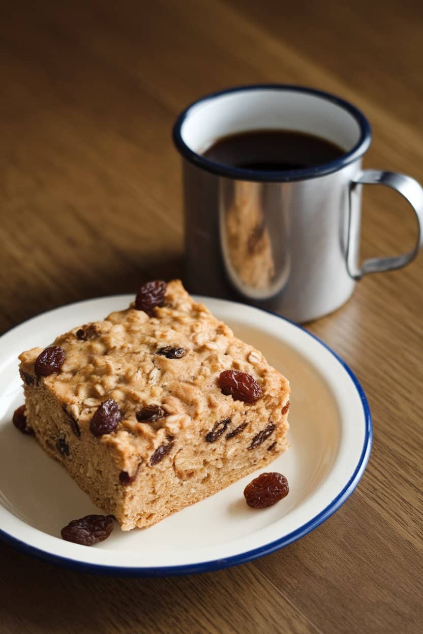A square of hearty oatmeal raisin cake sitting on an indoor enamel plate beside a camp mug of coffee. Soft warm lighting; no text or logos. Photo only.