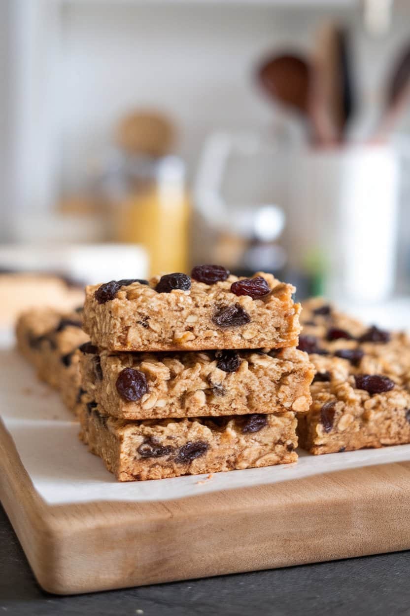 An indoor cutting board with rectangular oatmeal raisin bars neatly stacked, parchment beneath them. No logos visible.