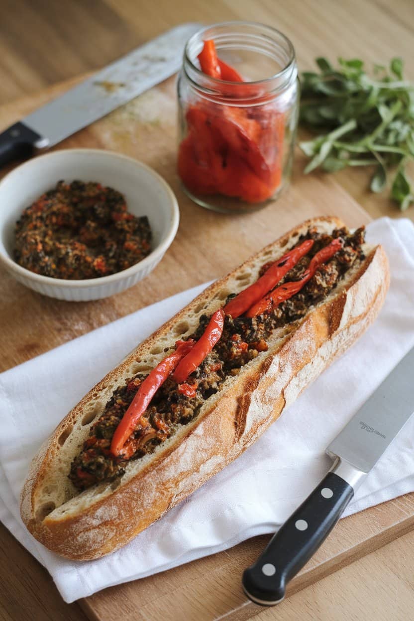  An indoor cutting board with a crusty baguette sliced lengthwise and filled with black-olive tapenade and roasted red pepper strips. No text or logos