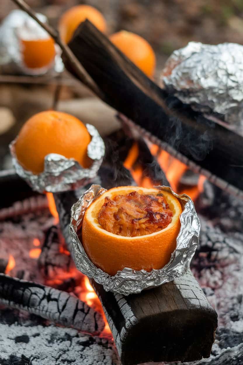 The photo shows one orange with the foil peeled back, revealing a steamy, golden cake with caramelized edges.