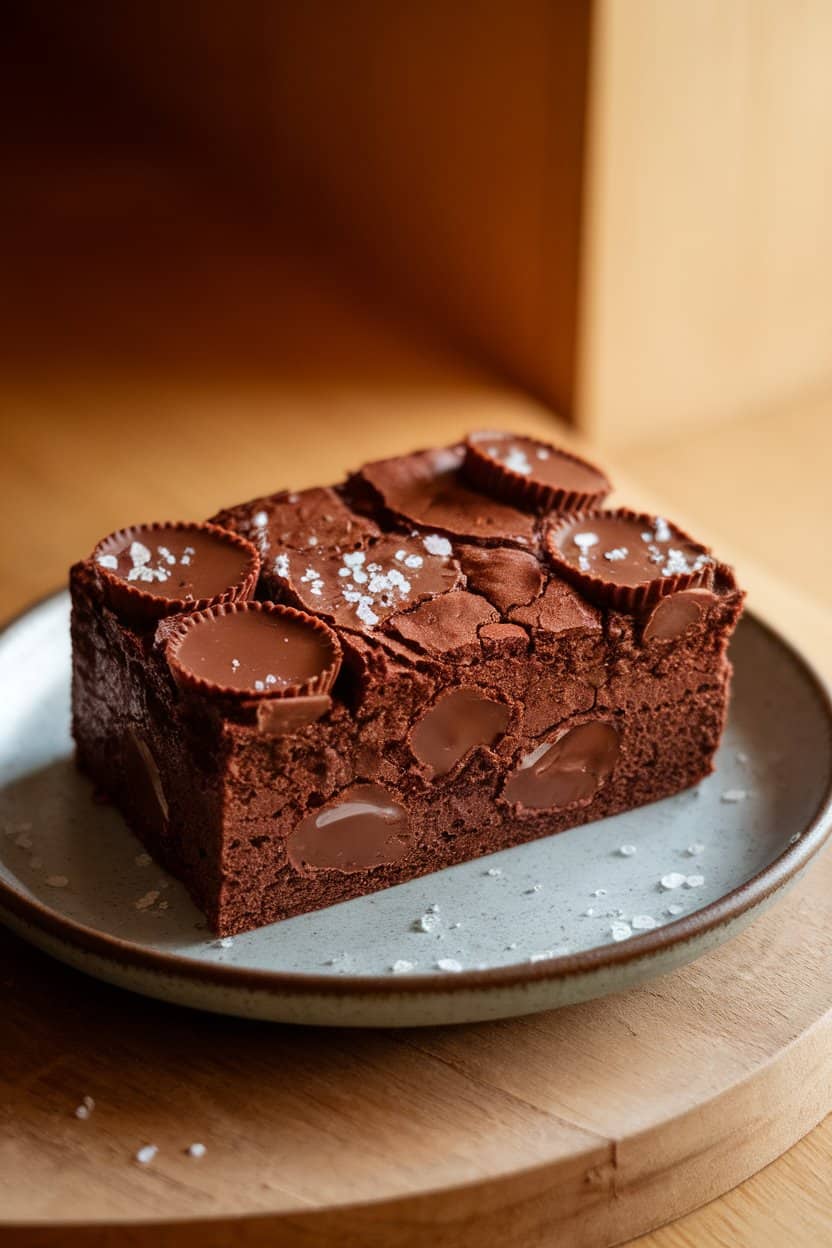 A thick wedge of chocolate brownie-cake studded with melted peanut butter cups on a simple indoor plate. Warm lighting, no logos or text. Photo only.