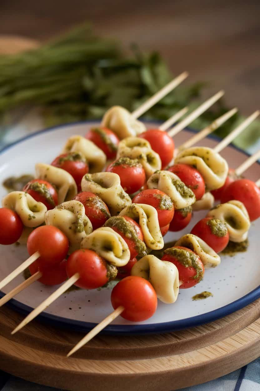 An indoor plate of bamboo skewers alternately threaded with cooked cheese tortellini and grape tomatoes, brushed lightly with pesto. No text or logos