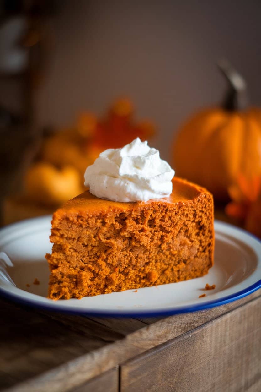 A slice of moist pumpkin cake topped with a dollop of whipped cream on an indoor enamel plate. Warm, cozy lighting; no logos or text. Photo, not illustration