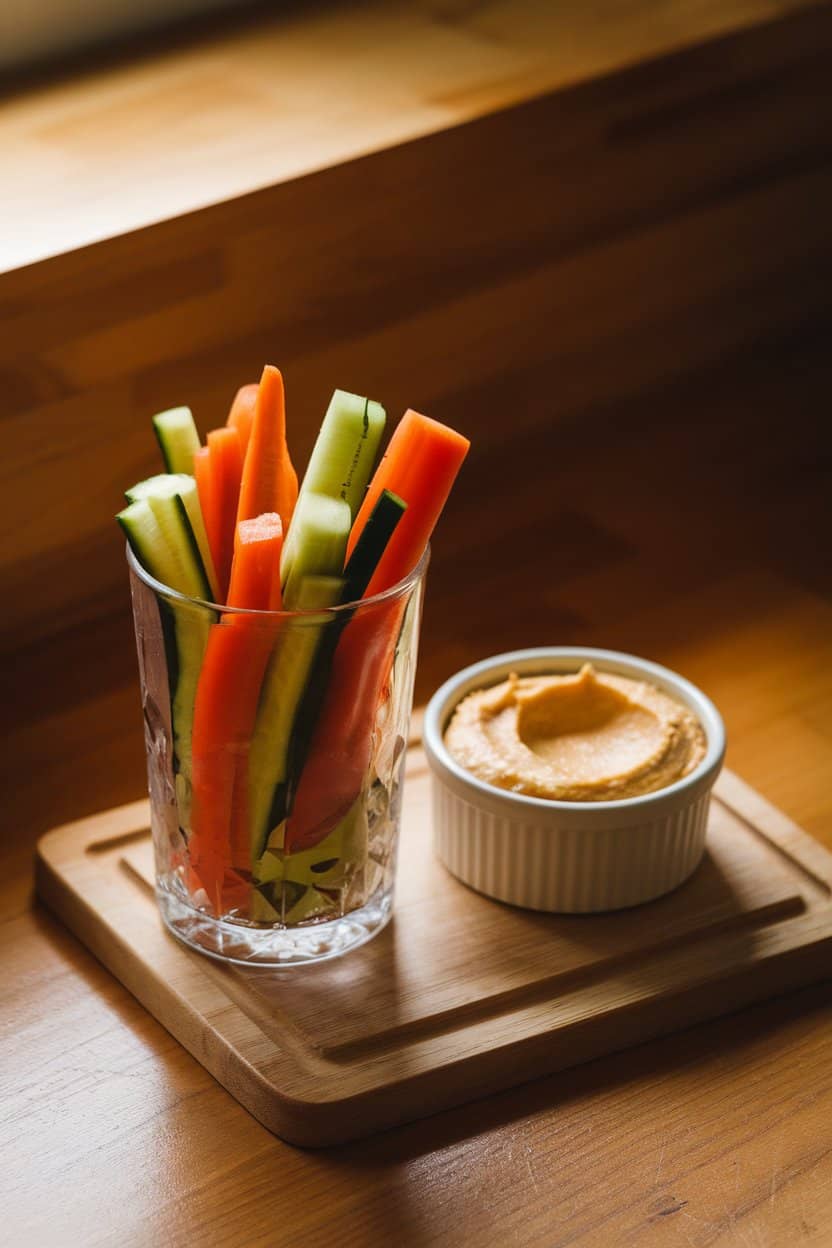  An indoor countertop scene showing a clear glass filled with colorful carrot, cucumber, and bell-pepper sticks beside a small ramekin of creamy hummus, warm overhead lighting—no brands or logos.