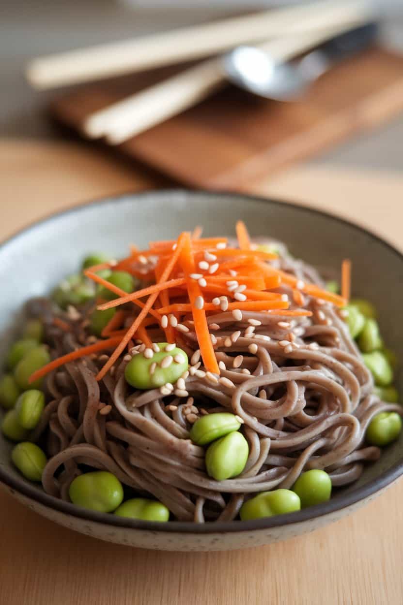  A shallow indoor bowl of soba noodles mixed with shelled edamame, julienned carrots, and sesame seeds, coated in soy-ginger dressing. No text or logos