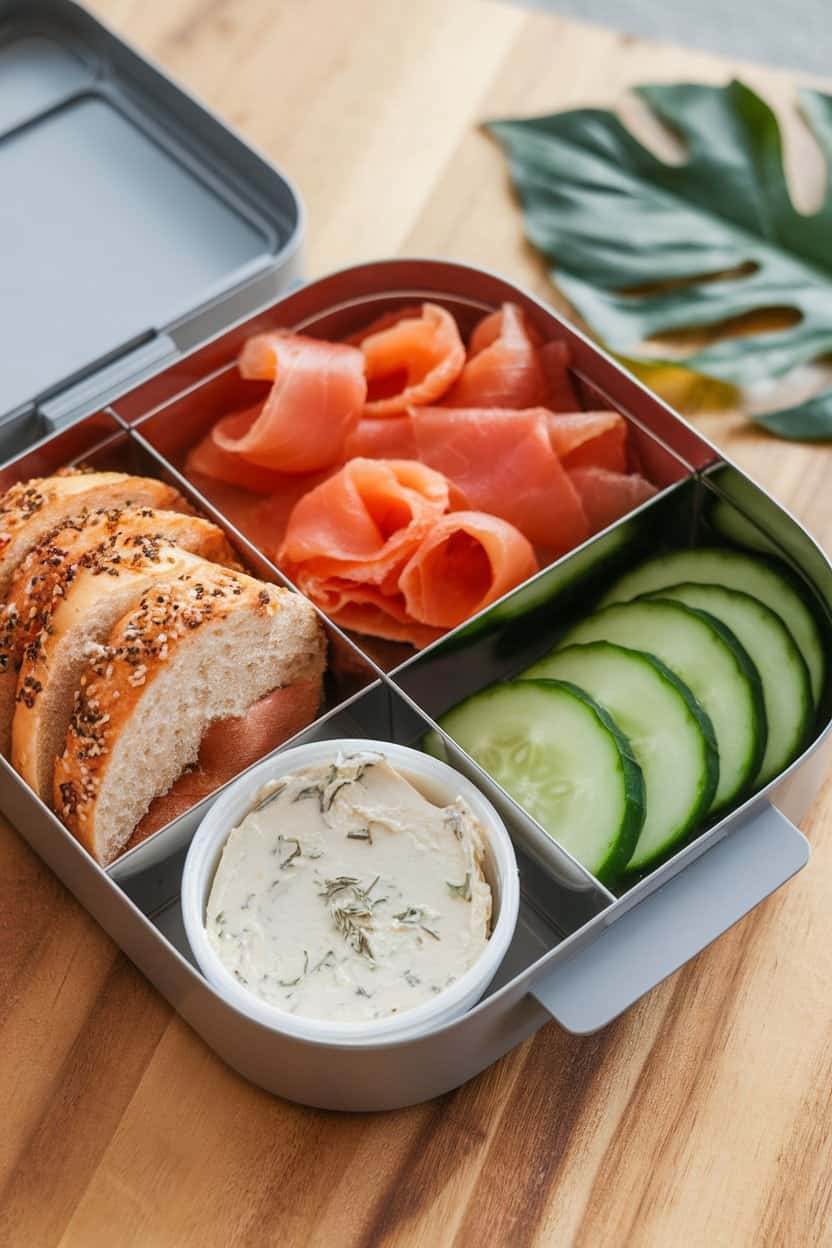 A divided indoor lunchbox containing sliced bagels, smoked salmon ribbons, cucumber rounds, and a small container of herbed cream cheese. No text or logos