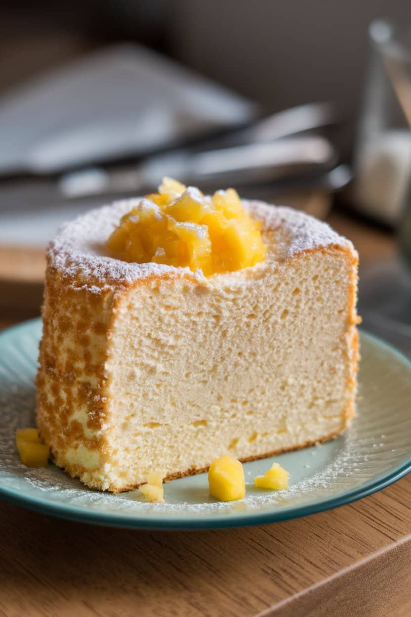 A fluffy slice of pineapple angel food cake on a plate indoors, light airy texture visible. No branding or text. Photo only